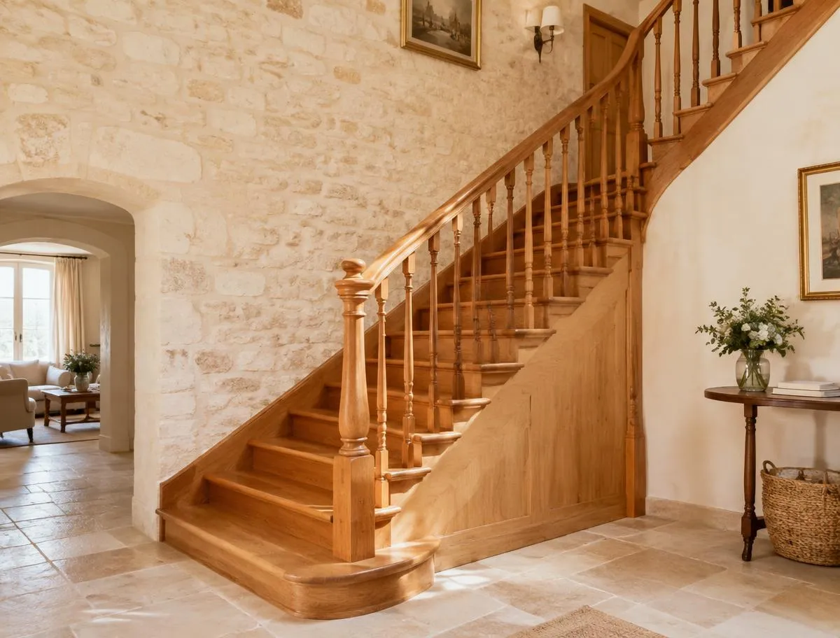 Escalier en chêne dans une maison en pierre (image d'ambiance)